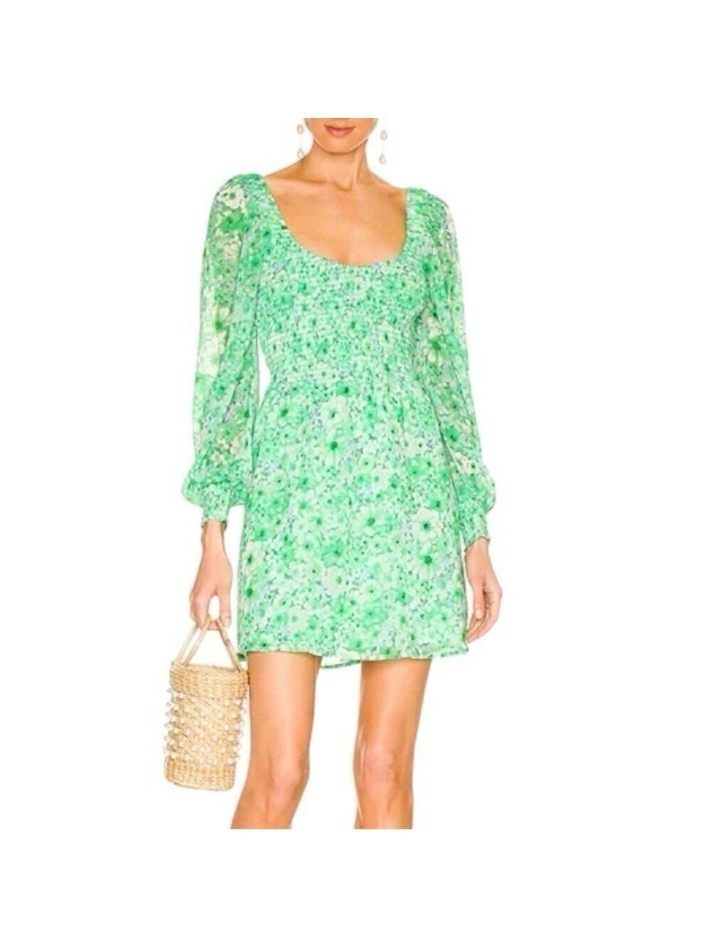 STEVE MADDEN Color Me Lucky Mini Dress Bright Green Floral Peasant Sleeves Sz M